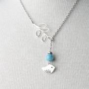 Silver bird and branch lariat necklace with blue fossil stone- silver plated chain- bird jewelry - bird necklace - bird lariat