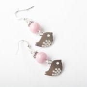 Silver bird earrings with pink fossil stone - silver hooks - bird jewelry - bird earrings - silver ear wire - silver bird