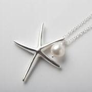 starfish necklace - 925 sterling silver necklace - silver starfish and Swarovski pearl necklace - Beach wedding necklace - nautical