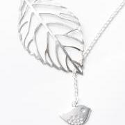 Bird necklace - leaf necklace - bird and leaf necklace - silver leaf - silver bird - bird jewelry -lariat- leaf jewelry - delicate necklace