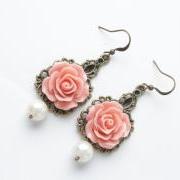 Rose earrings - vintage style earrings - Salmon roses and pearl - shabby chic earrings - flower dangles - salmon jewelry