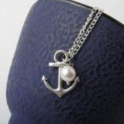 Silver anchor necklace, anchor jewelry, anchor and swarovski pearl necklace, bridesmaid necklace, nautical, beach wedding, made in Canada