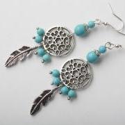 Dreamcatcher earrings - turquoise earrings - feather earrings - silver and turquoise - Made in Canada - rustic earrings - gypsy - boho - blue - Boucles d'oreilles capteur de rêve