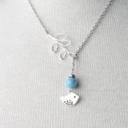 Reserved listing for: RiniMars - Silver bird and branch lariat necklace with blue fossil stone- silver plated chain- bird jewelry - bird necklace - bird lariat
