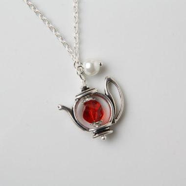 Teapot Necklace - red crystal and pearl - red teapot necklace - Antique silver - Alice in Wonderland jewelry tea time necklace - tea