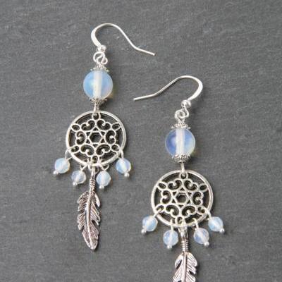 Dreamcatcher earrings, Moonstone earrings, feather earrings, silver and moonstone jewelry, Made in Canada, gypsy, boho, gift for her, opal