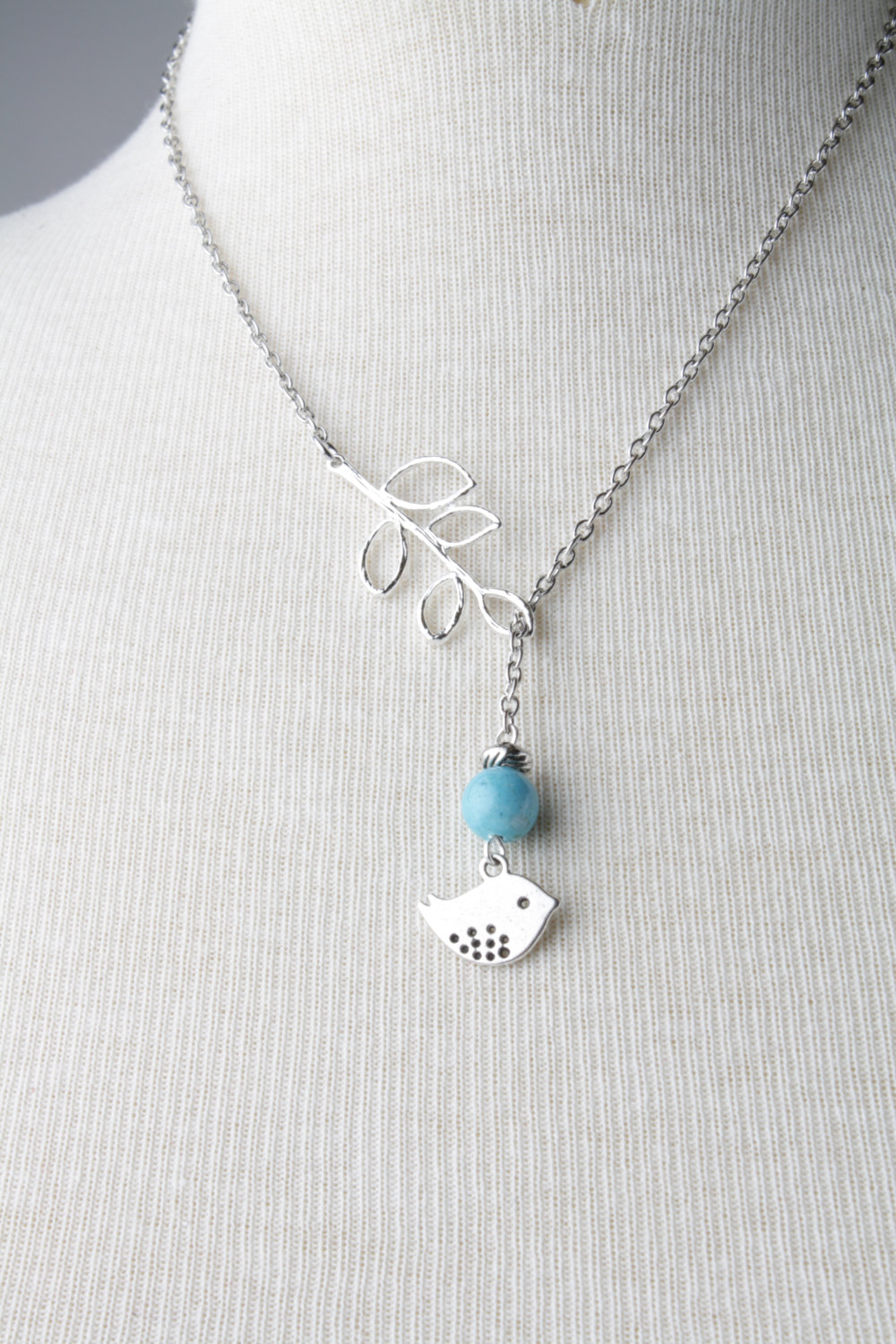 Silver Bird And Branch Lariat Necklace With Blue Fossil Stone- Silver Plated Chain- Bird Jewelry - Bird Necklace - Bird Lariat
