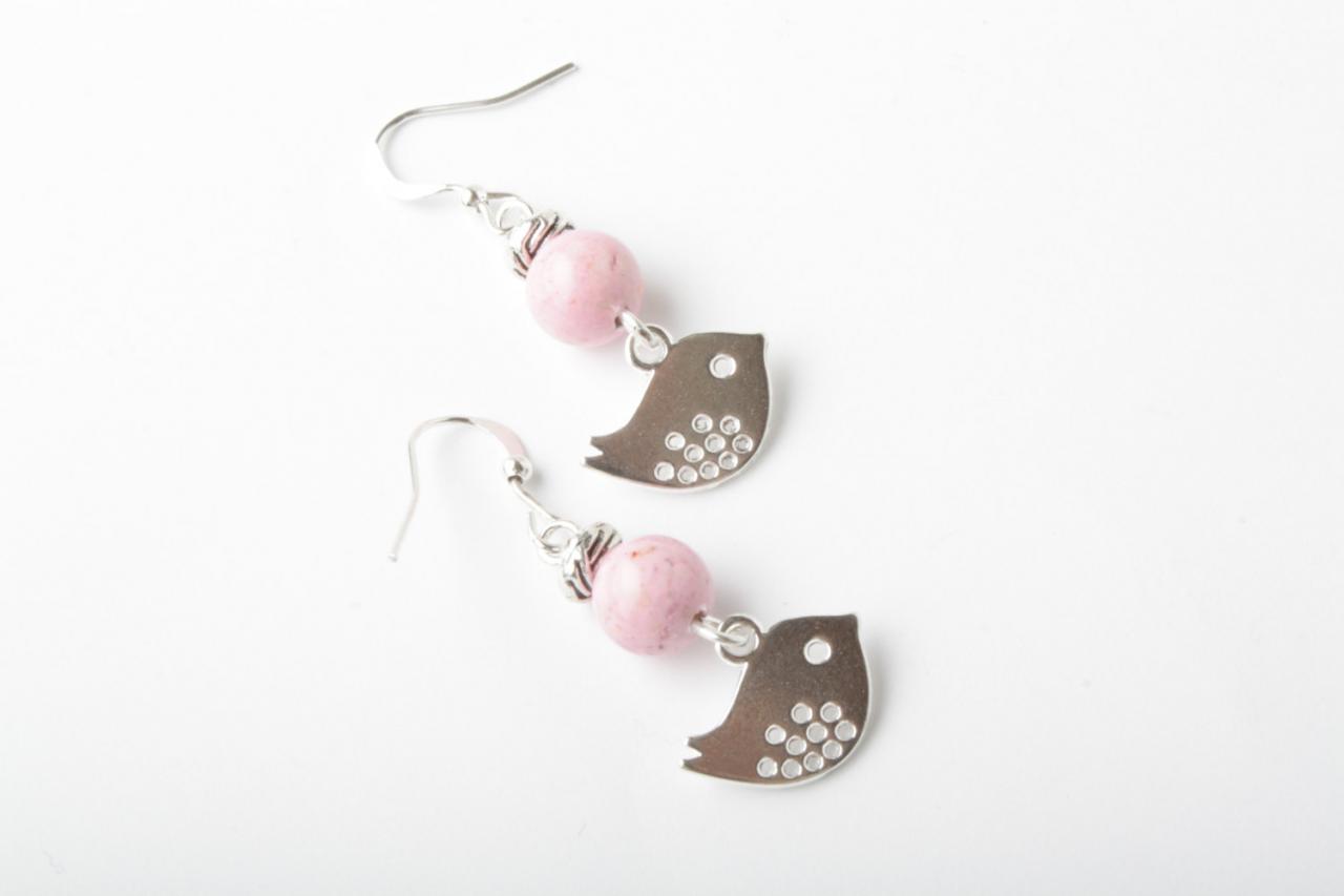 Silver Bird Earrings With Pink Fossil Stone - Silver Hooks - Bird Jewelry - Bird Earrings - Silver Ear Wire - Silver Bird