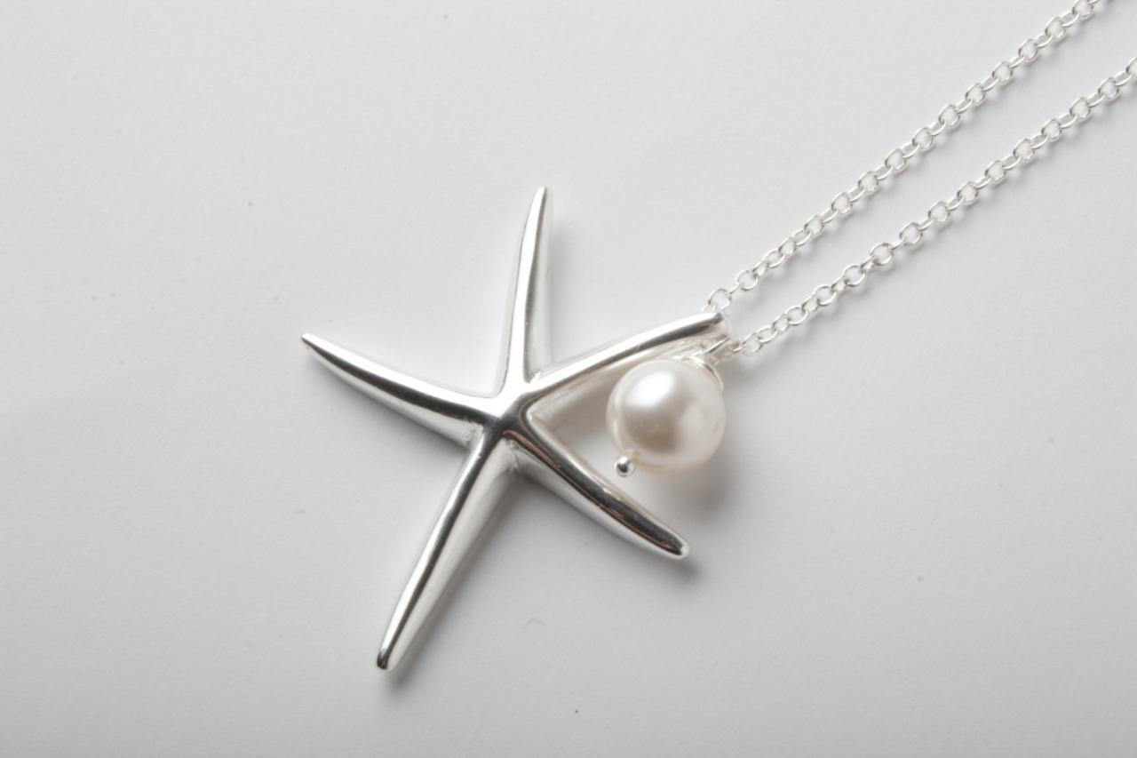 Starfish Necklace - 925 Sterling Silver Necklace - Silver Starfish And Swarovski Pearl Necklace - Beach Wedding Necklace - Nautical