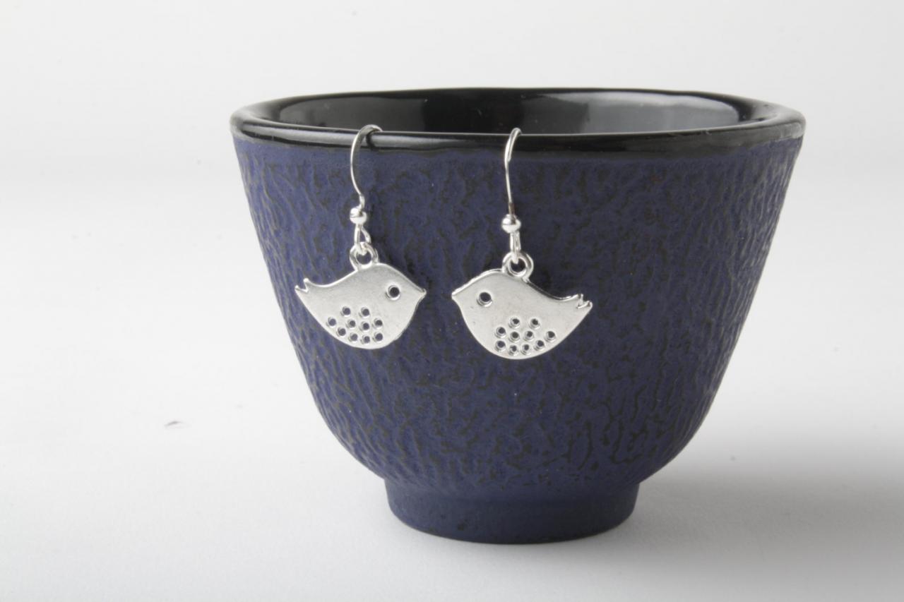 Silver Birds Earrings - Silver Wire - Birds Dangles - Birds Earrings- Bird Jewelry - Silver Sparrows