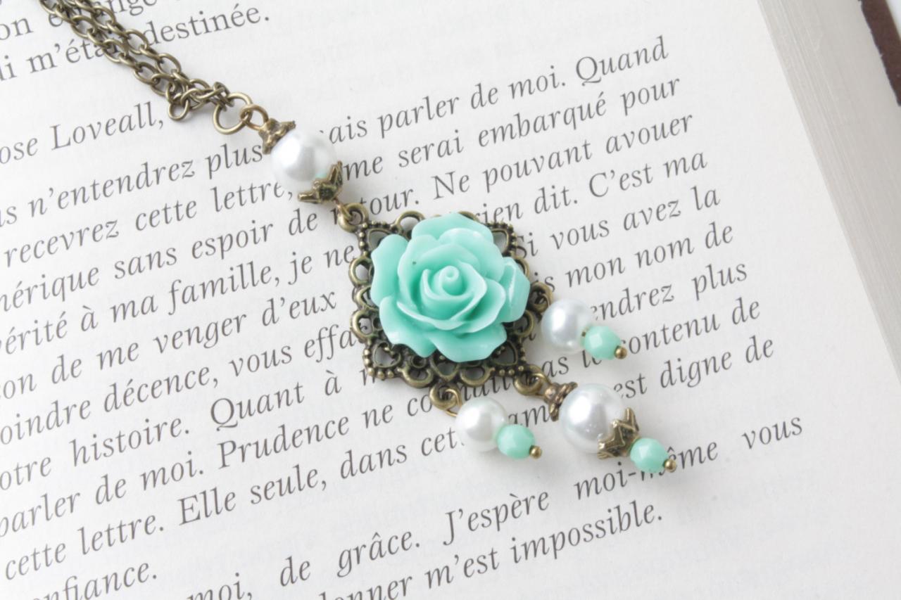 Mint Rose Necklace - Vintage Style Necklace -mint Flower Necklace - Antique Mint Necklace - Pearl Necklace - Sautoir -cabochon Jewelry