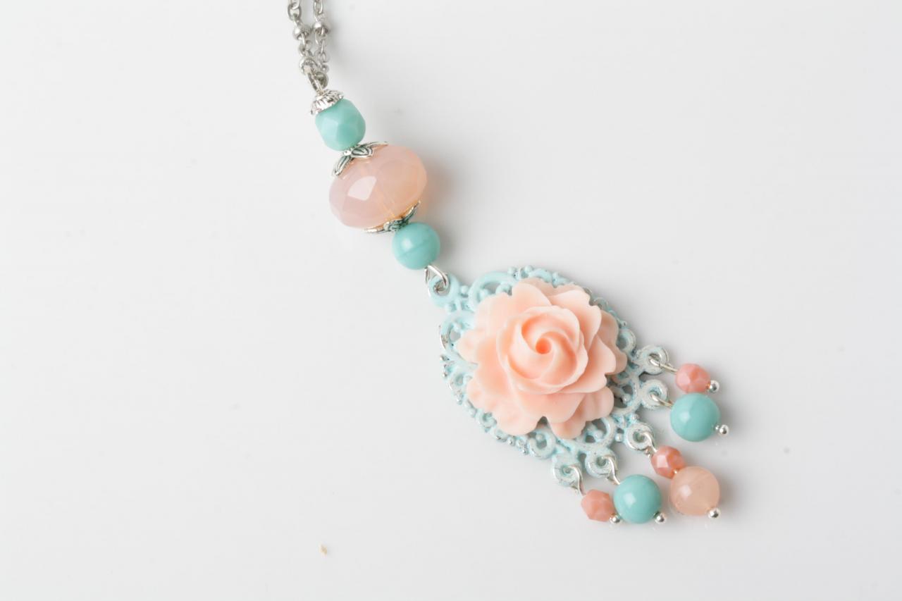 Long Necklace-shabby Chic Necklace-flower Necklace -coral-rose Cabochon Necklace -cabochon Jewelry - Coral And Blue - Mint Jewelry - Sautoir