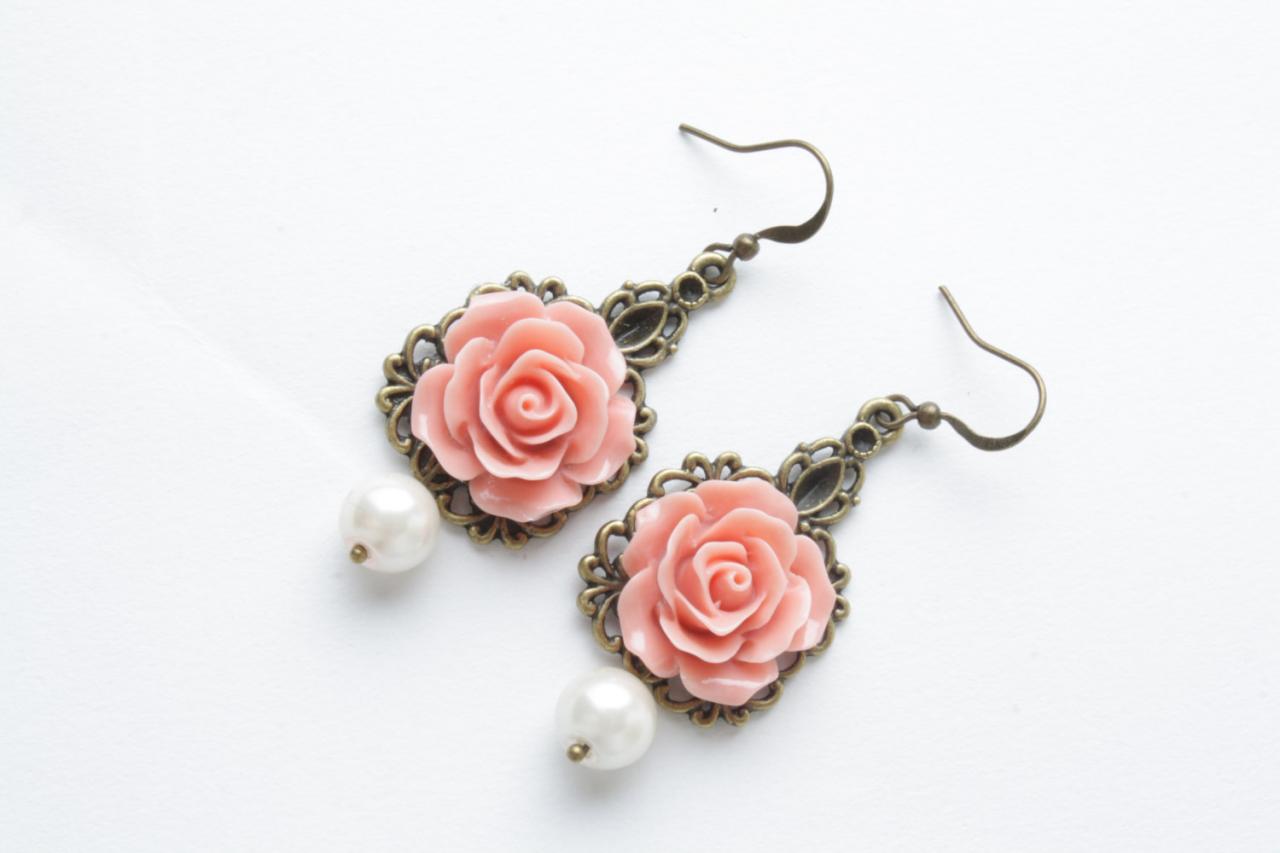 Rose Earrings - Vintage Style Earrings - Salmon Roses And Pearl - Shabby Chic Earrings - Flower Dangles - Salmon Jewelry