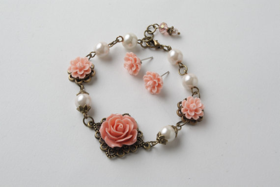 Vintage Flower Bracelet - Rose Cabochon Bracelet And Earrings Set -vintage Style Jewelry - Shabby Chic Bracelet - Salmon- Rose And Pearl -