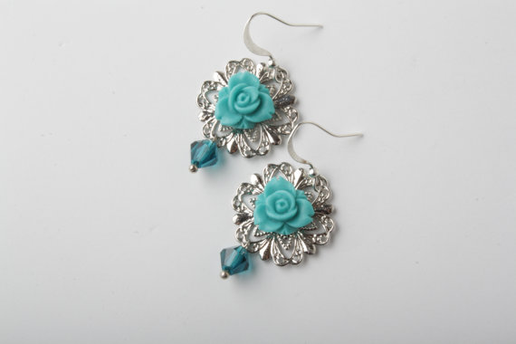 Teal Blue Roses Cabochon And Silver Filigree Base Earrings - Teal Blue Flower And Crystal Earrings -shabby Chic Earrings - Flower Dangles