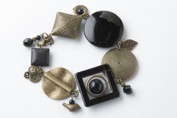 Chunky Bracelet - Charm Bracelet - Black And Bronze - Handmade Bracelet - Bird - Button - Leaf - Urban - Unique - Antique Brass - Jewelry