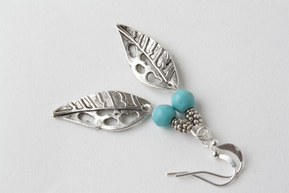 Leaf Earrings -silver And Turquoise Earrings - Leaf Dangles - Leaf And Turquoise Earrings- Silver Leaf - Gypsy Earrings -antique Silver