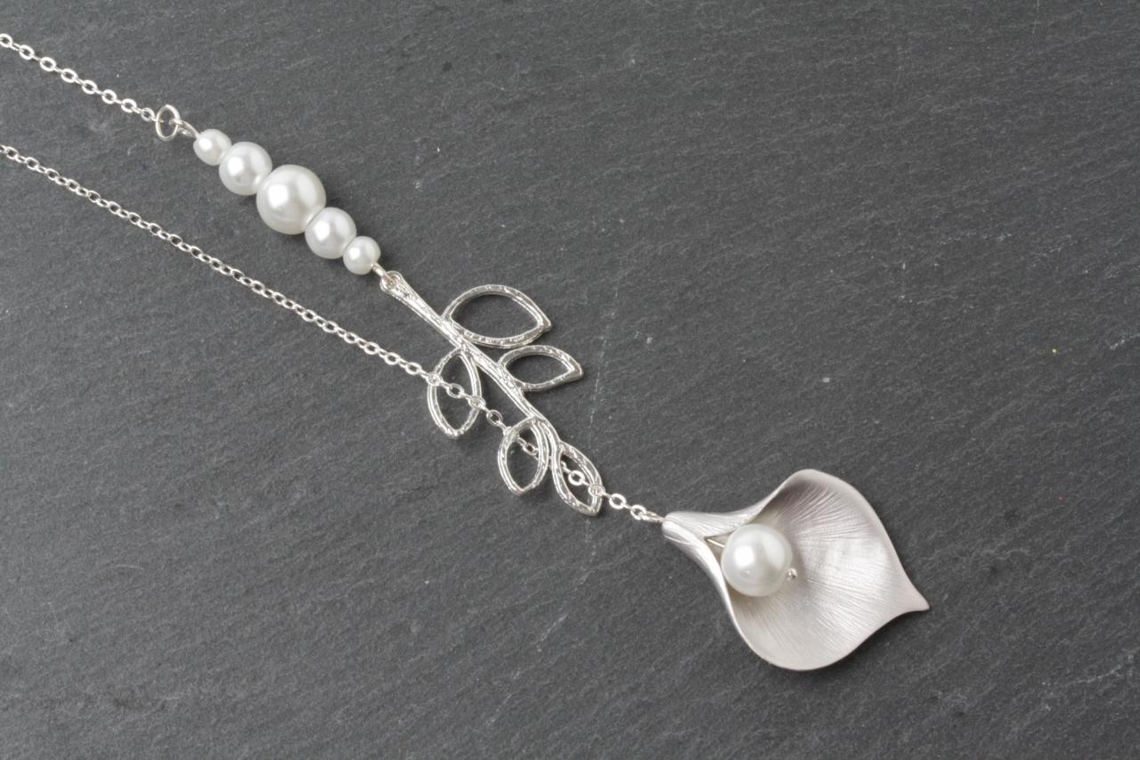 Bridesmaid Necklace - Silver Calla And White Pearl Necklace - White Wedding Jewelry - Bride Necklace