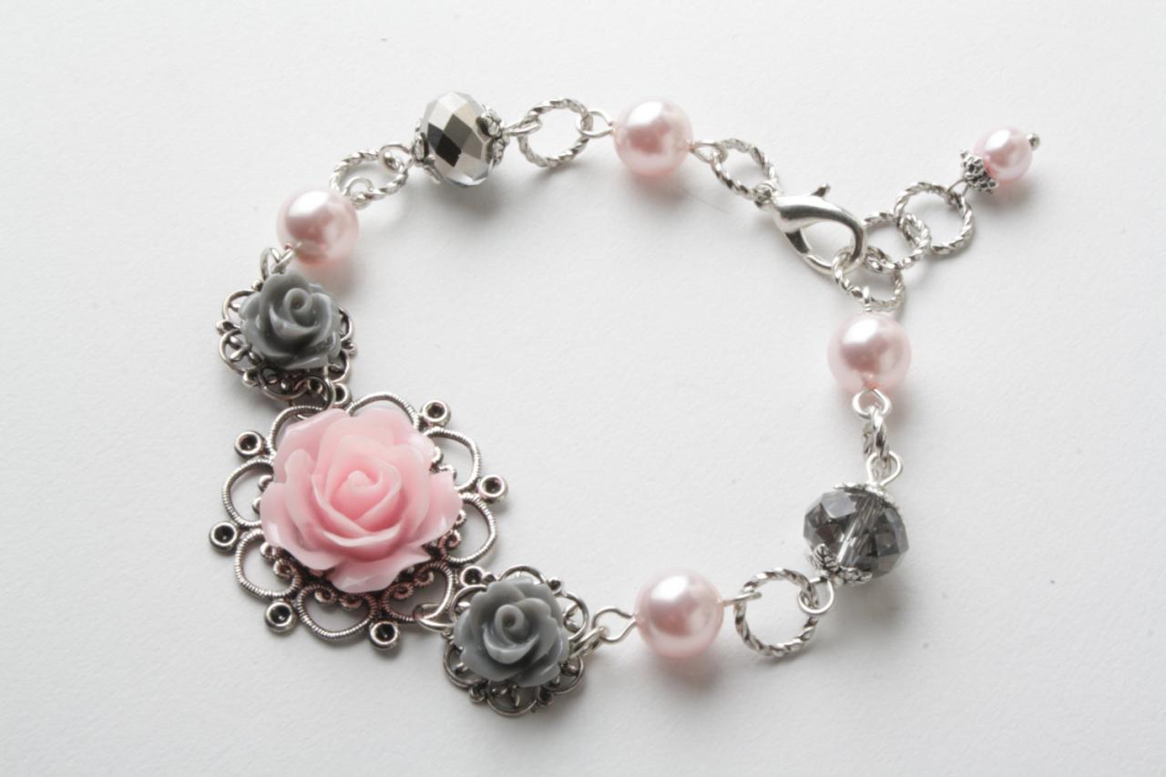 Vintage Style Flower Bracelet - Shabby Chic Bracelet - Greyl And Pink Bracelet - Vintage Bracelet - Pearl And Flower - Cabochon Bracelet