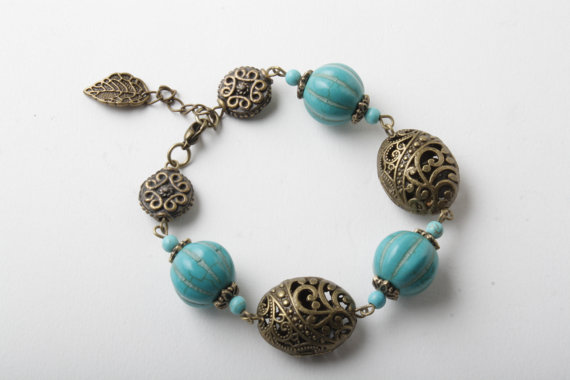 Bracelet -turquoise And Antique Brass Bracelet - Gypsy Bracelet -blue Bracelet - Antique Bronze -boho Jewelry -gypsy Jewelry - Handmade In Canada