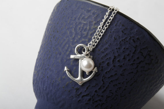Silver Anchor Necklace, Anchor Jewelry, Anchor And Swarovski Pearl Necklace, Bridesmaid Necklace, Nautical, Beach Wedding, Made In Canada