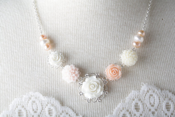 Vintage Style Flower Necklace - Shabby Chic - Pearl And Flower Necklace - White - Peach - Blus Pink - Bridal Necklace - Peach Wedding
