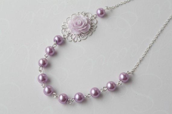 Vintage Style Flower Necklace - Shabby Chic - Pearl And Rose Necklace - Purple Pearl Neckalce - Rose Necklace - Romantic - Lilac - Lavender