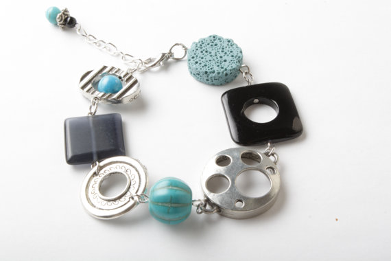 Black And Blue Bracelet - Chunky Bracelet - Modern Bracelet - Glass - Original Bracelet - Urban - Unique - Turquoise - Made In Canada