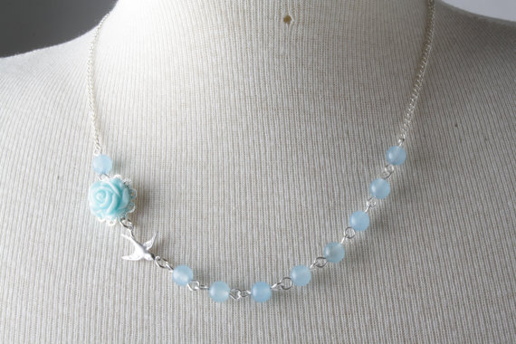 Blue Rose And Bird Necklace - Blue Bird Necklace - Delicate Necklace - Pale Blue - Light Blue Jewelry -shabby Chic Necklace -cabochon Jewelry -
