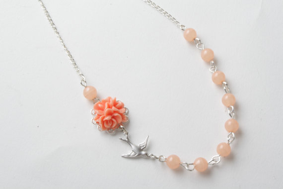 Peach Flower And Bird Necklace - Peach Bird Necklace - Delicate Necklace - Peach - Peach Jewelry -shabby Chic Necklace -cabochon Jewelry -