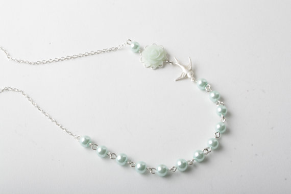 Mint Rose And Bird Necklace - Mint Necklace - Bridesmaid Necklace - Mint Wedding - Vintage Style - Delicate Necklace - Mint Jewelry - Shabby Chic