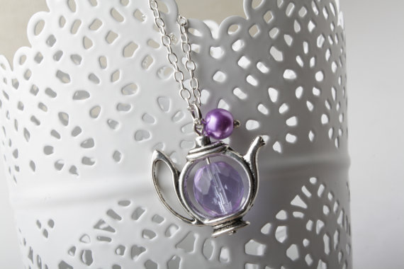 Teapot Necklace - Purple Glass And Pearl - Purple Teapot Necklace - Antique Silver - Alice In Wonderland Jewelry Tea Time Necklace - Tea