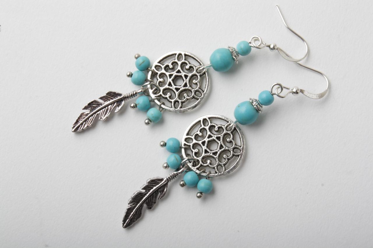 Dreamcatcher Earrings - Turquoise Earrings - Feather Earrings - Silver And Turquoise - Made In Canada - Rustic Earrings - Gypsy - Boho - Blue -