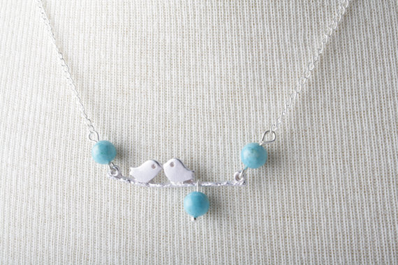 Silver Bird And Branch Necklace With Blue Fossil Stone- Silver Plated Chain- Bird Jewelry - Bird Necklace Lover Birds Necklace -blue Birds