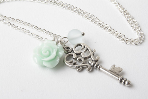 Mint Rose And Key Necklace, Vintage Key Necklace -mint Bridesmaid Necklace - Vintage Style Necklace - Short Necklace - White And Silver - Shabby