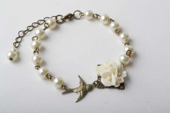 Ivory Pearls And Flower Bird Bracelet, Bridesmaid Bracelet, Vintage Style, Ivory Wedding, Swallow, Delicate, Junior Bridesmaid, Flower Girl