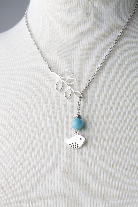 Reserved Listing For: Rinimars - Silver Bird And Branch Lariat Necklace With Blue Fossil Stone- Silver Plated Chain- Bird Jewelry - Bird Necklace