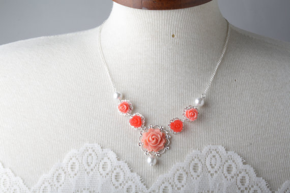 Coral Vintage Style Flower Necklace, Bridesmaid Necklace, Pearl And Flower Necklace, Coral Wedding Jewelry - Garden Wedding - Bride Necklace