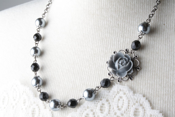 Vintage Style Flower Necklace - Shabby Chic - Pearl And Flower Necklace - Black Neckalce - Flower Necklace - Romantic - Black And Gray