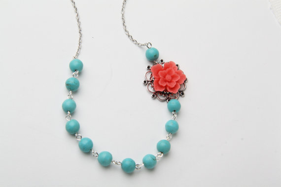 Coral Flower Necklace Statement Necklace Bridesmaid Jewelry Coral Wedding Coral And Turquoise Floral Necklace