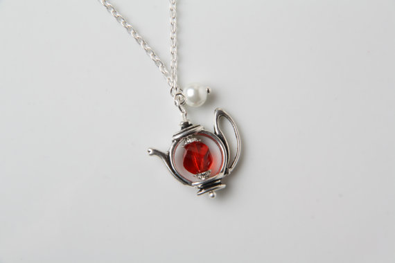 Teapot Necklace - Red Crystal And Pearl - Red Teapot Necklace - Antique Silver - Alice In Wonderland Jewelry Tea Time Necklace - Tea