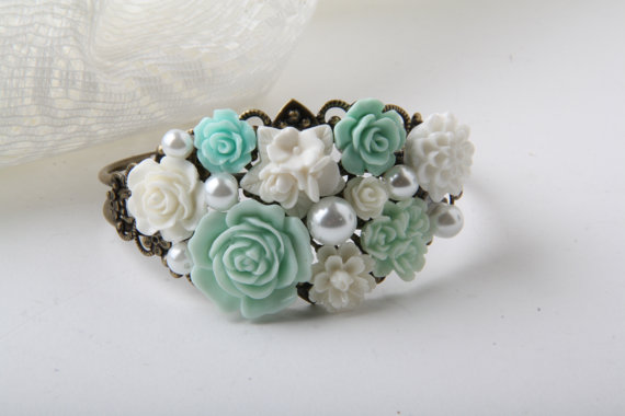 Mint Flower Cuff Bracelet, Bridal Bracelet, Mint Wedding Jewelry, Bridesmaid Bracelet, Rose Bracelet, Gift For Her, Canada, Bijoux Karma