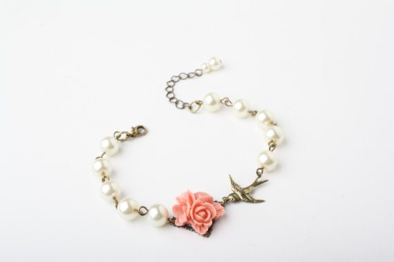 Salmon Flower Bird Bracelet, Bridesmaid Bracelet, Vintage Style, Salmon Wedding, Ivory Pearl Bracelet, Bird Bracelet, Salmon Pink