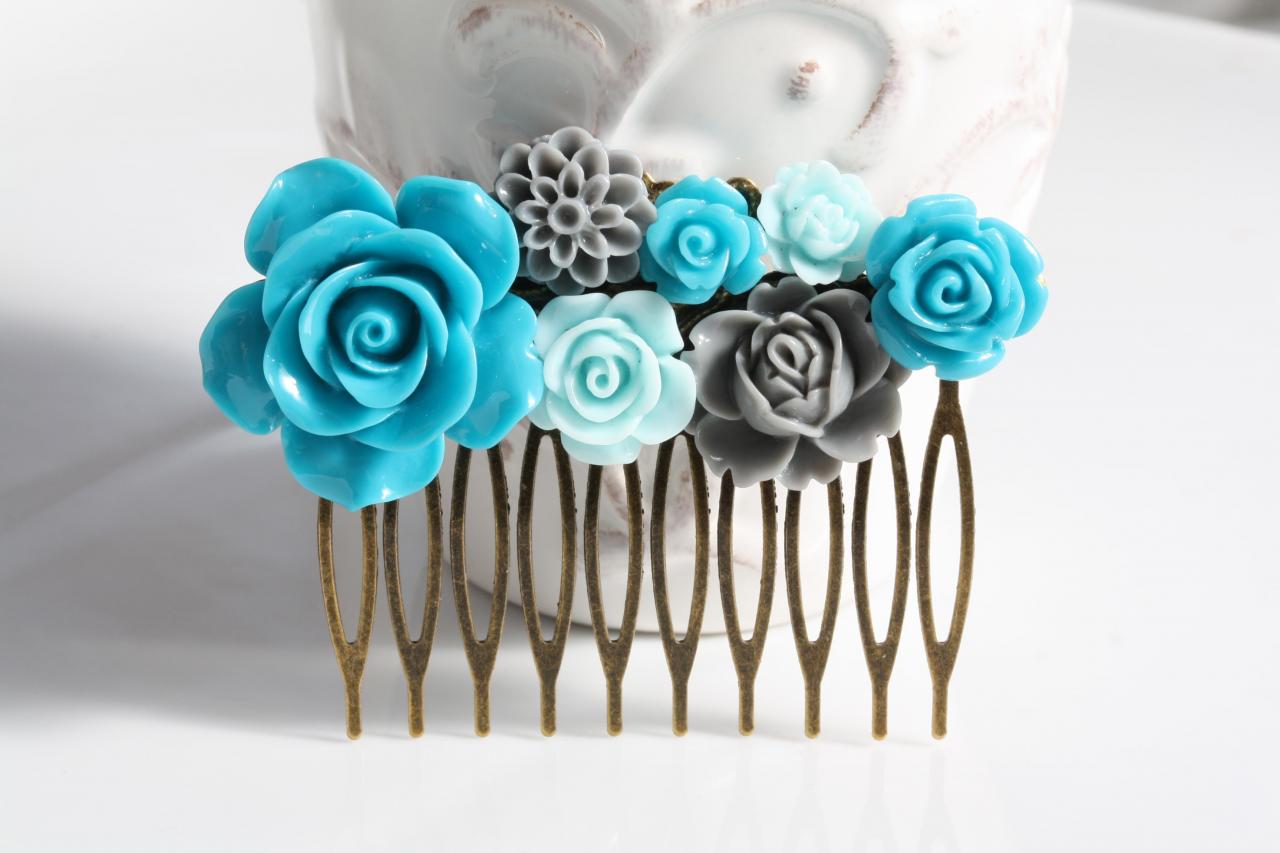 Wedding Hair Comb, Teal, Blue And Grey Flower Hair Comb, Wedding Hair Accessories,peacock Blue Wedding Hair Comb