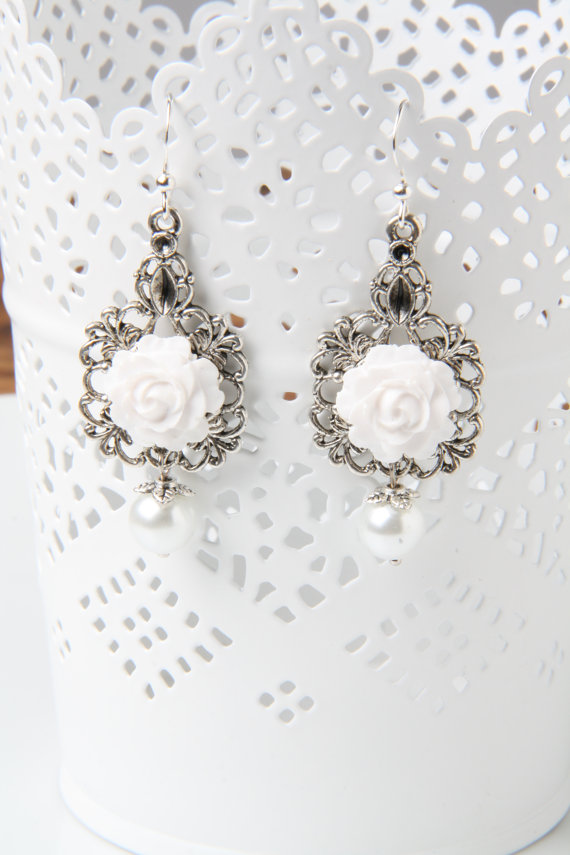 Bridesmaid Earrings, White Earrings, Rose Earrings, Bridesmaid Jewelry, Shabby Chic Earrings, Flower Earrings, White Wedding Jewelry