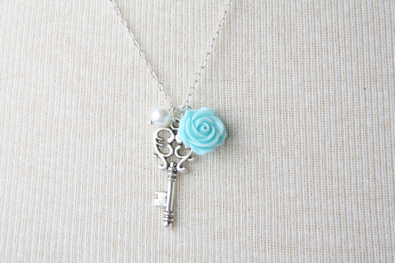 Key Necklace, Blue Rose Necklace, Vintage Style Short Necklace, Blue Key, Shabby Chic, Bridesmaid Necklace, Made In Canada, Gift