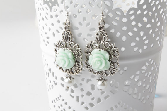 Mint Bridesmaid Earrings, Mint Earrings, Mint Rose Earrings, Mint Wedding Jewelry, Bridesmaid Jewelry, Shabby Chic Earrings, Flower Earrings,