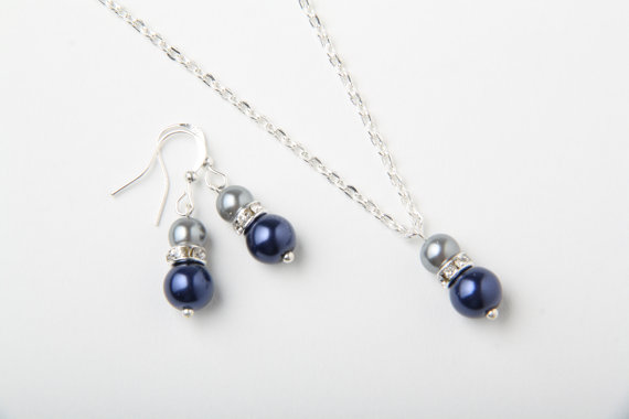 Bridesmaid Bridesmaid Jewelry Set, Navy And Grey Earrings And Necklace, Navy Wedding Jewelry, Bridesmaid Gift, Pearl And Crystal Jewelry Set