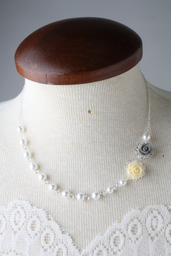 Yellow And Grey Bridesmaid Rose Necklace, Pearl Necklace, Grey And Yellow Wedding, Bridesmaid Gift, Flower Girl Necklace, Made In Canada