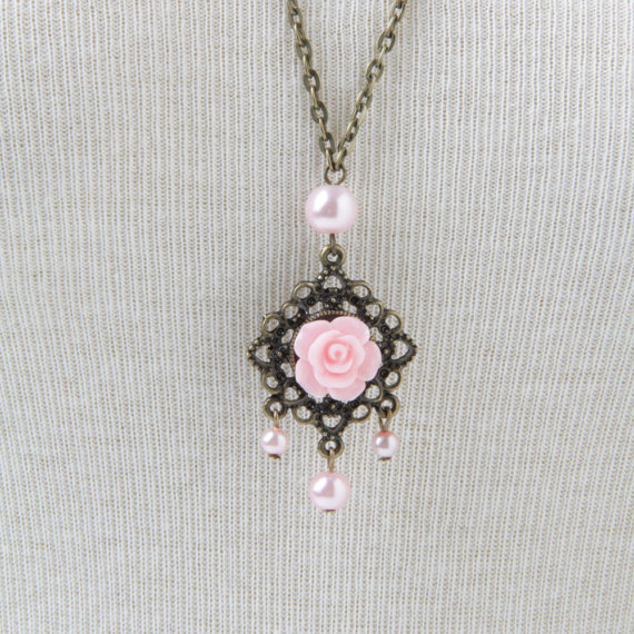 Pink Rose Necklace Vintage Style Necklace, Long Chain Flower Necklace, Gift For Her, Pendant Necklace, Victorian Necklace, Pink Necklace